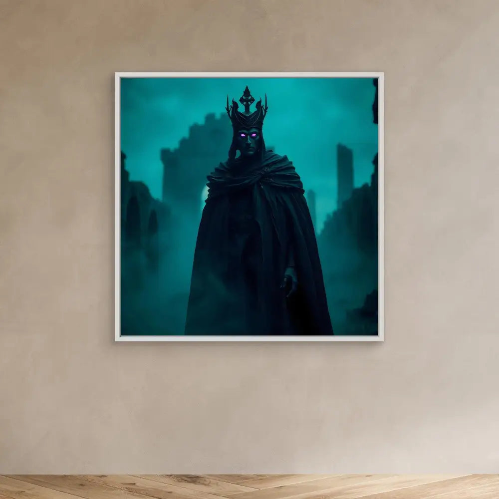 Dark cloaked figure wearing a spiked crown against a teal backdrop.