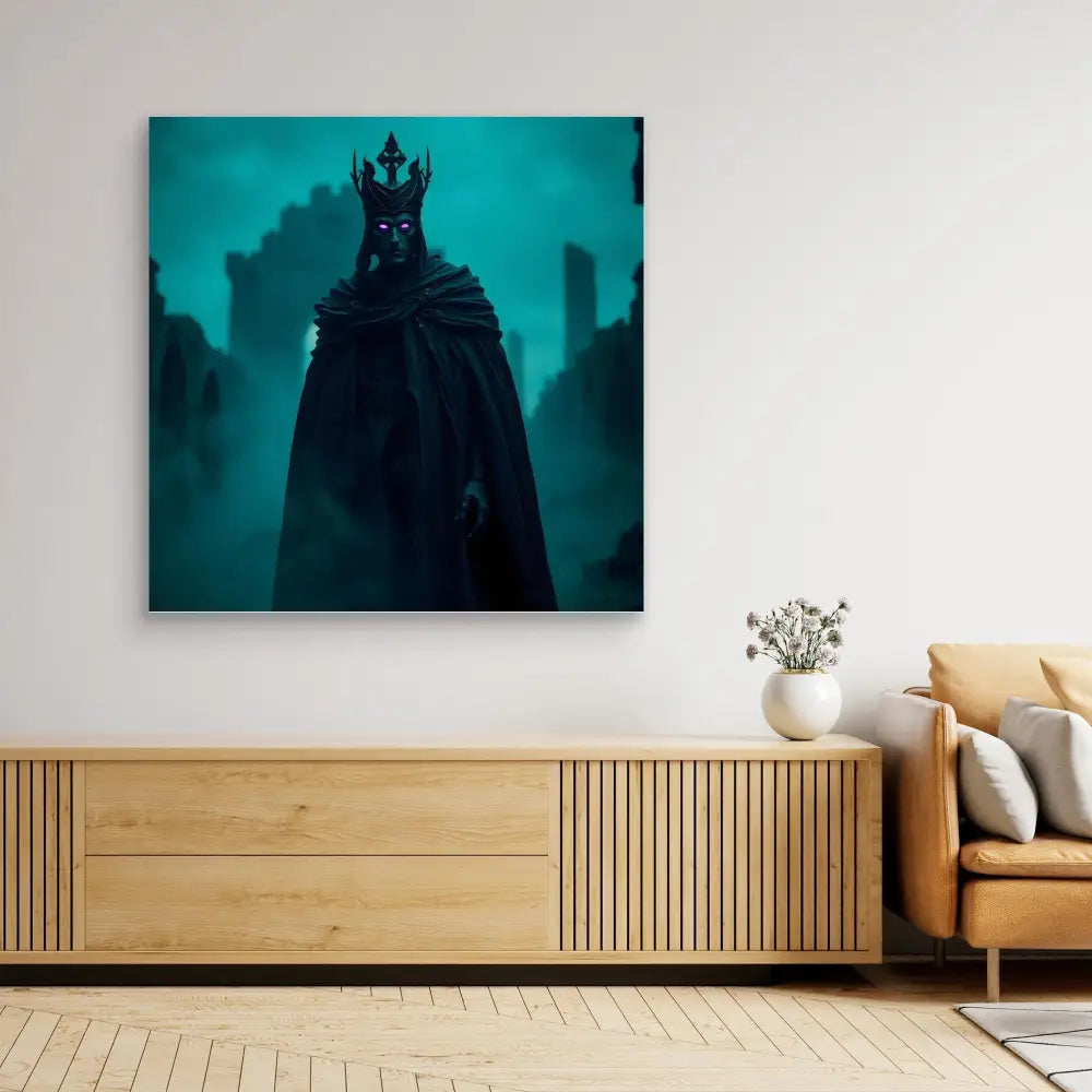 Dark crowned figure wearing a cloak against a teal backdrop.