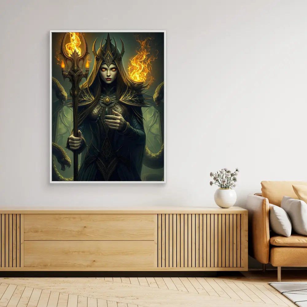 A dark fantasy art print featuring a mystical figure surrounded by magical flames.