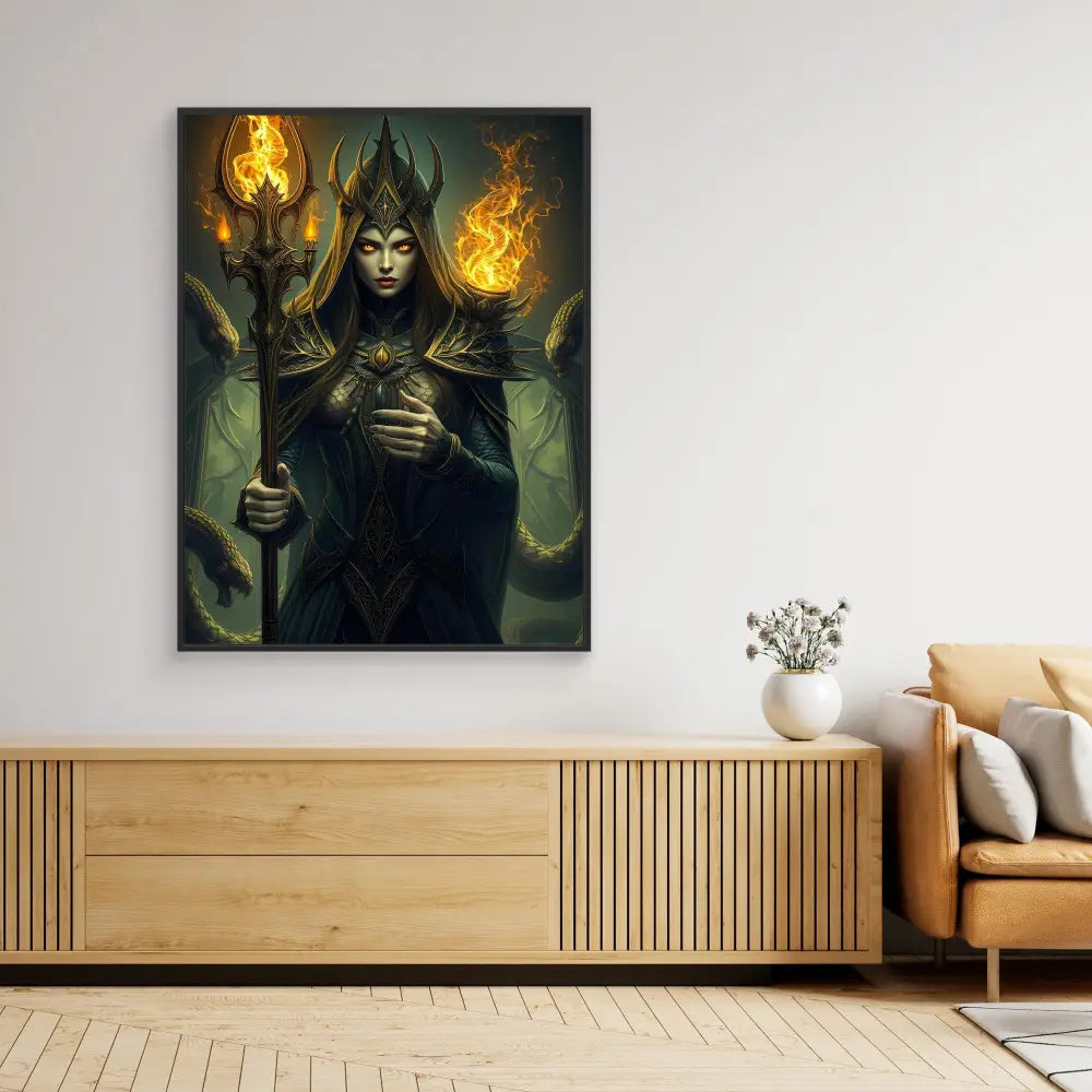 Dark fantasy artwork depicting a mystical figure holding magical flames against a shadowy green backdrop.