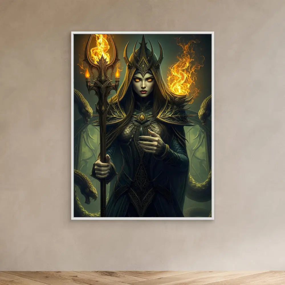 Dark fantasy artwork depicting a regal figure in ornate armor holding a magical staff with flames.