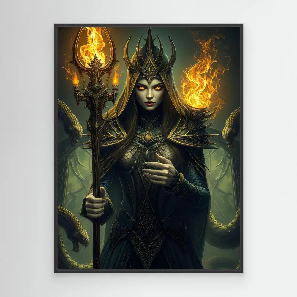 Dark fantasy sorceress wearing ornate armor and crown while holding a flaming staff.