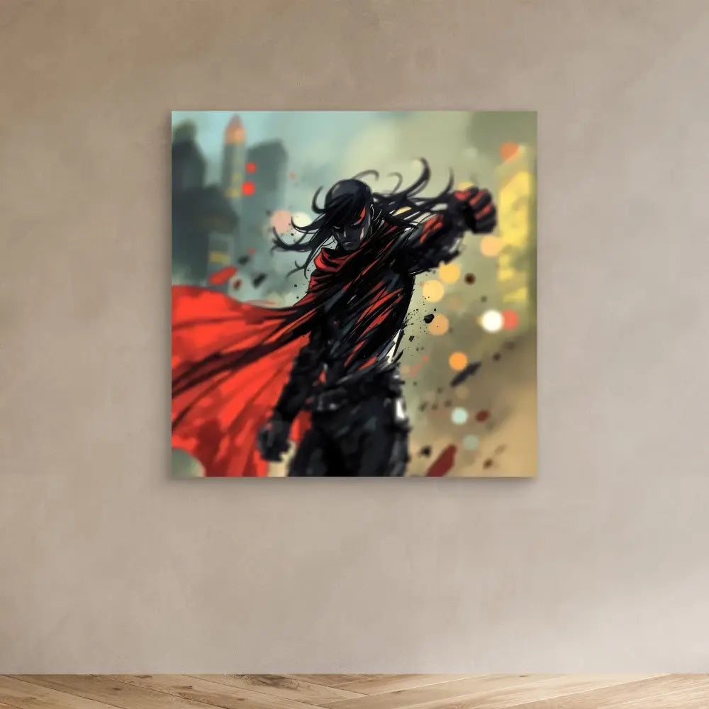 Dark figure with flowing black hair and a dramatic red cape in a dynamic pose.