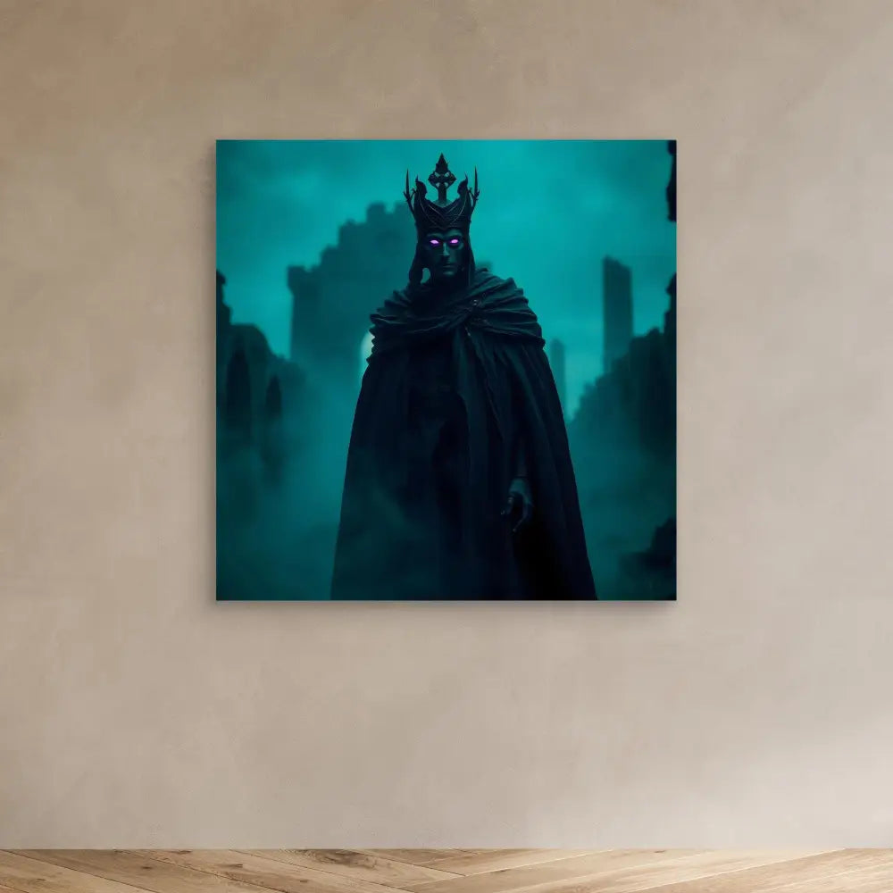 Dark figure wearing a crown and cloak against a teal backdrop.