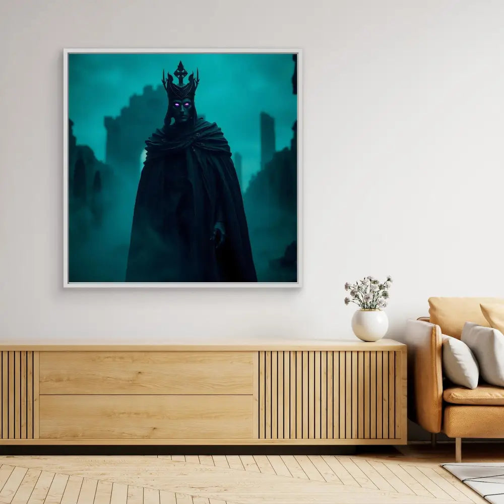 Dark figure wearing a crown and cloak against a turquoise backdrop.