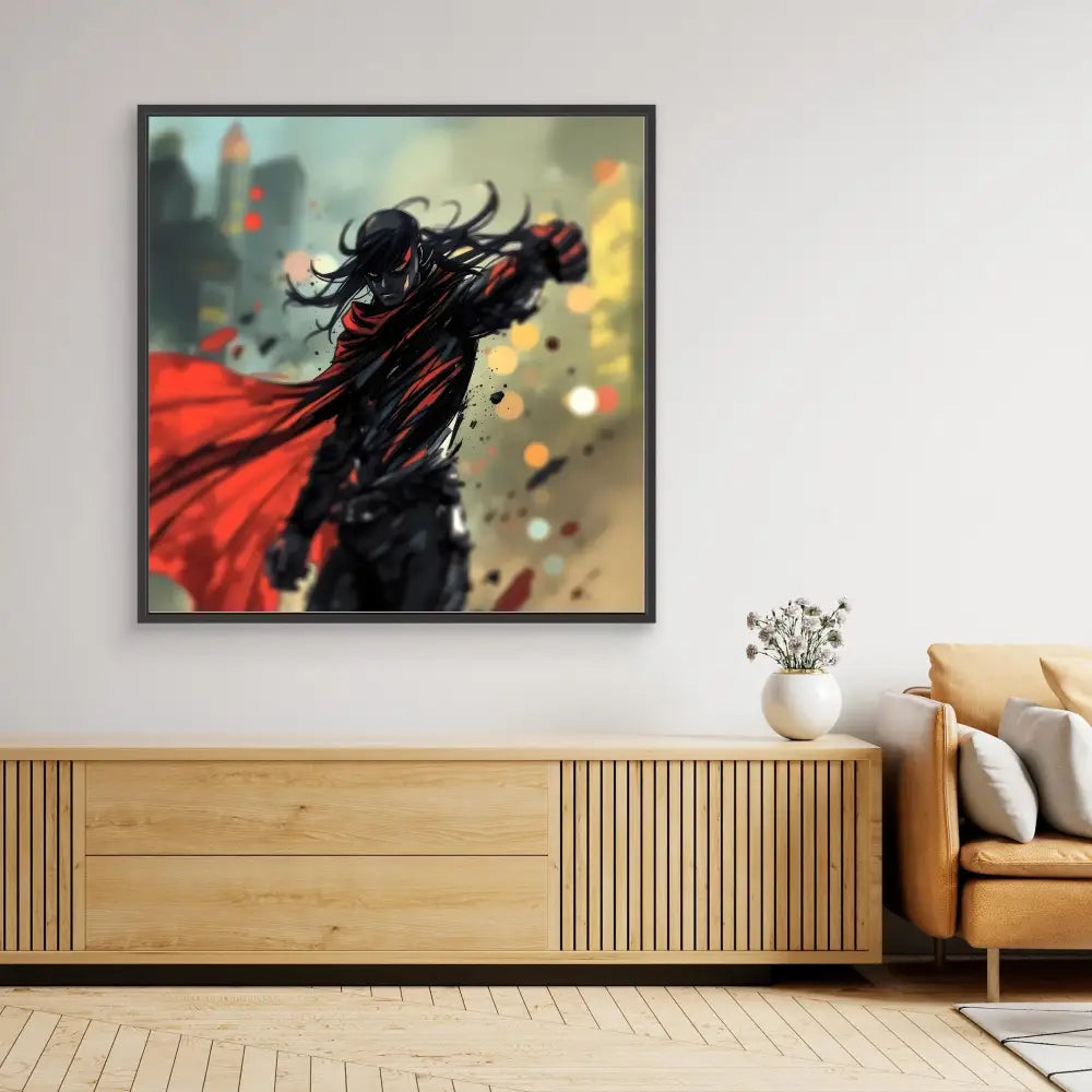 Dark figure in flowing red cape depicted in dramatic motion.