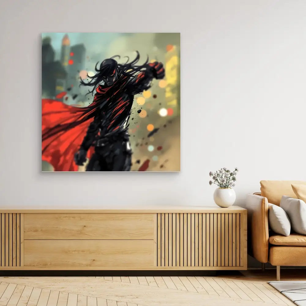 Dark figure with flowing red cape in a dramatic action pose.