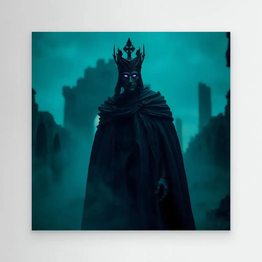 A dark figure wearing a spiked crown and cloak with glowing blue eyes.