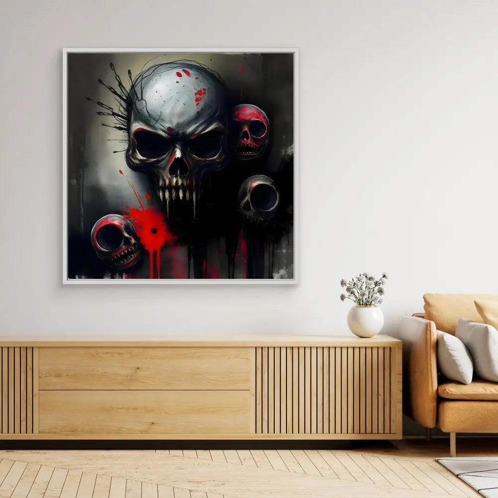 Dark gothic skull artwork with red accents and floating smaller skulls.