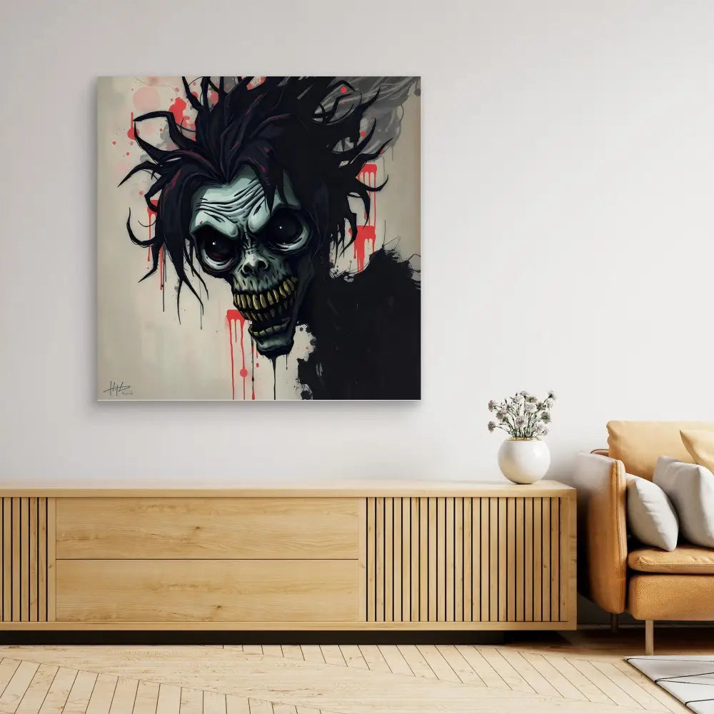 Dark, gothic skull artwork with wild black hair and red dripping accents.