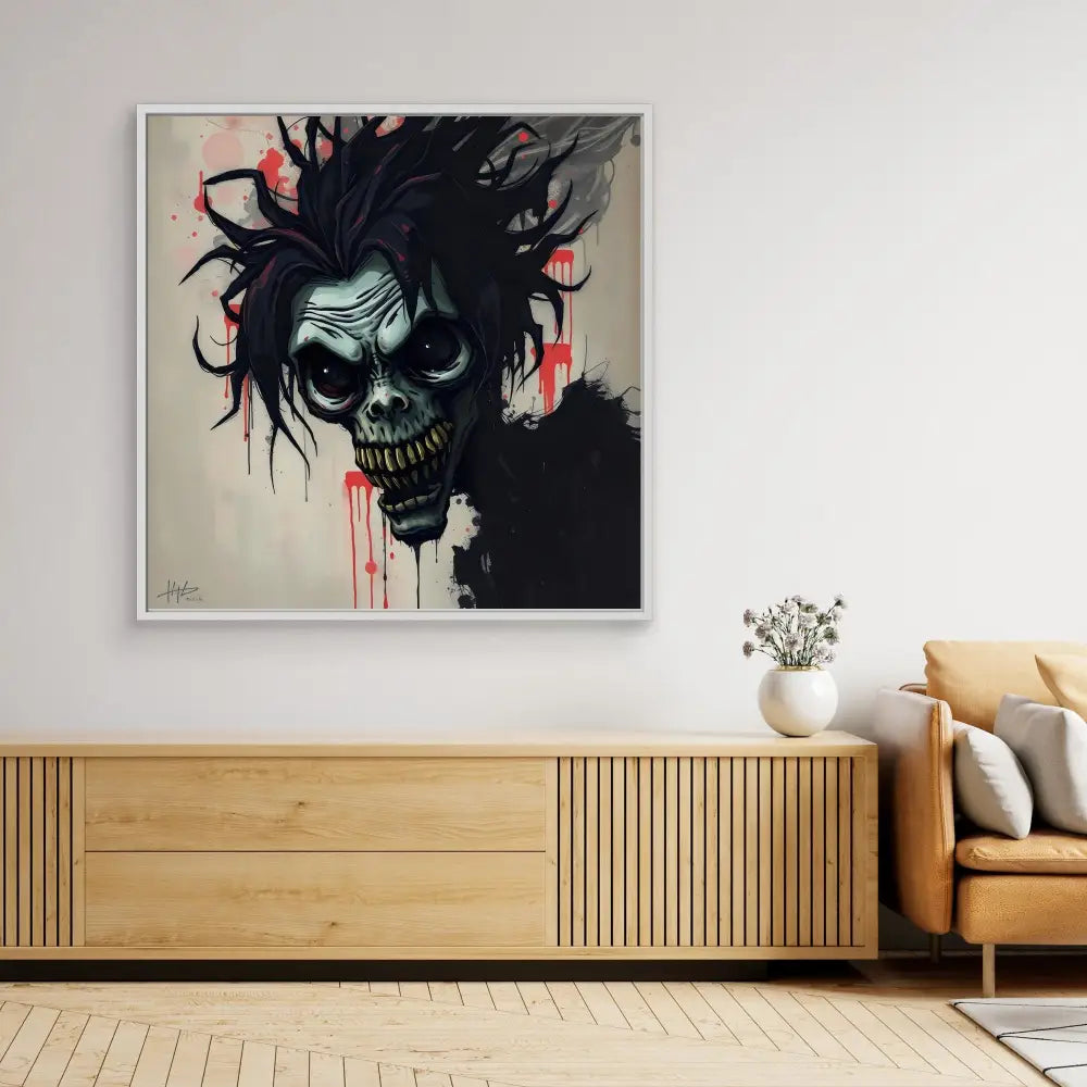 Dark, gothic skull artwork with wild black hair and red dripping details.