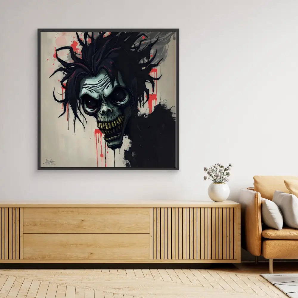 Dark, gothic-style skull artwork with wild black hair and red dripping details.