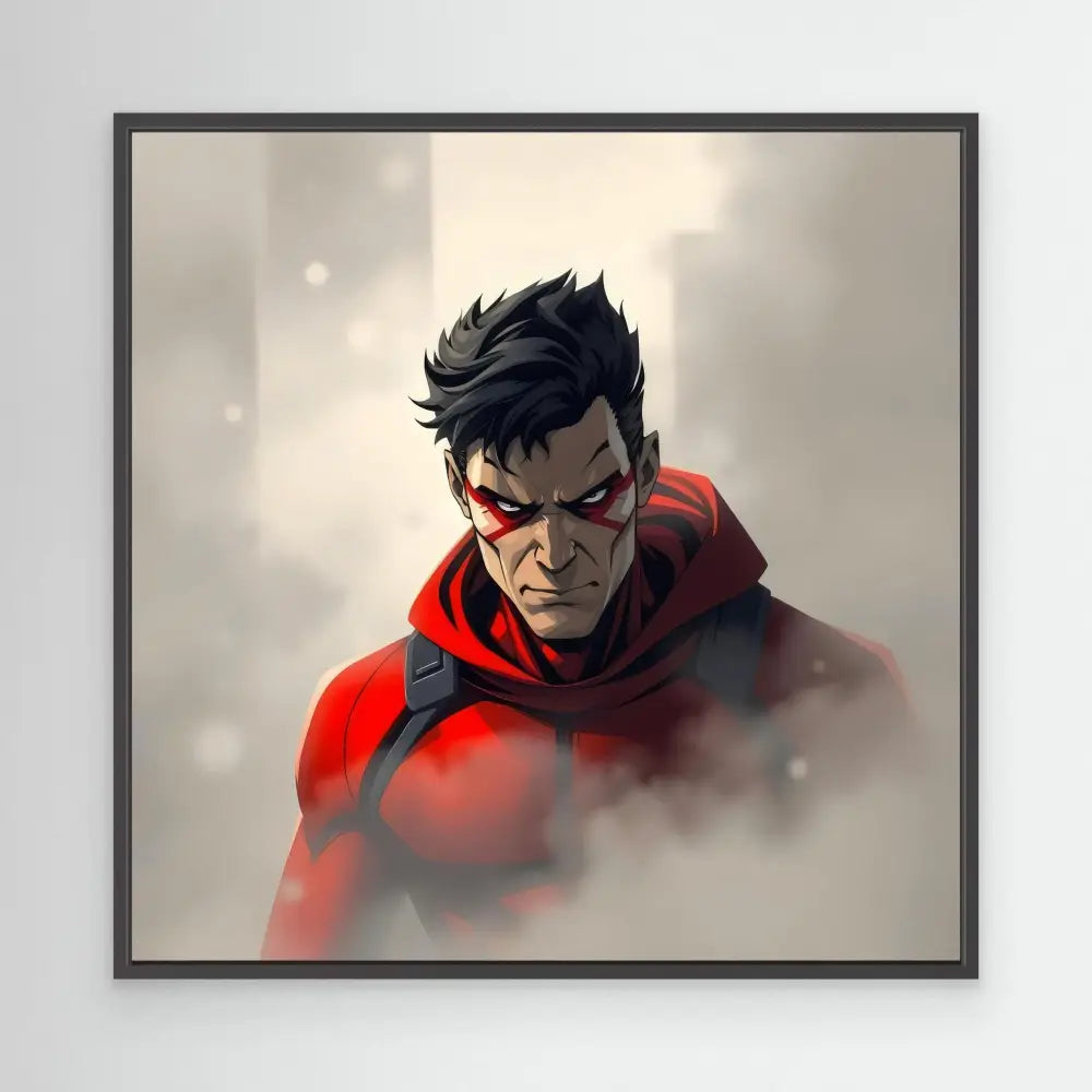 Dark-haired superhero character wearing a red costume depicted in an artistic illustration.