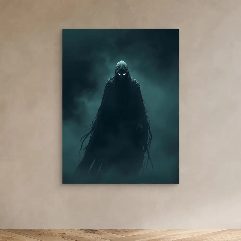 A dark hooded figure with glowing eyes shrouded in tattered robes.