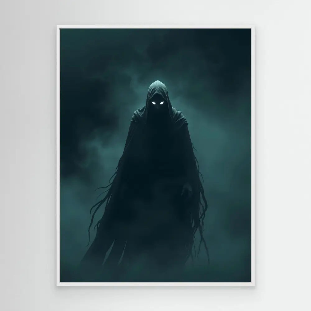 A dark hooded figure with glowing eyes shrouded in tattered robes.