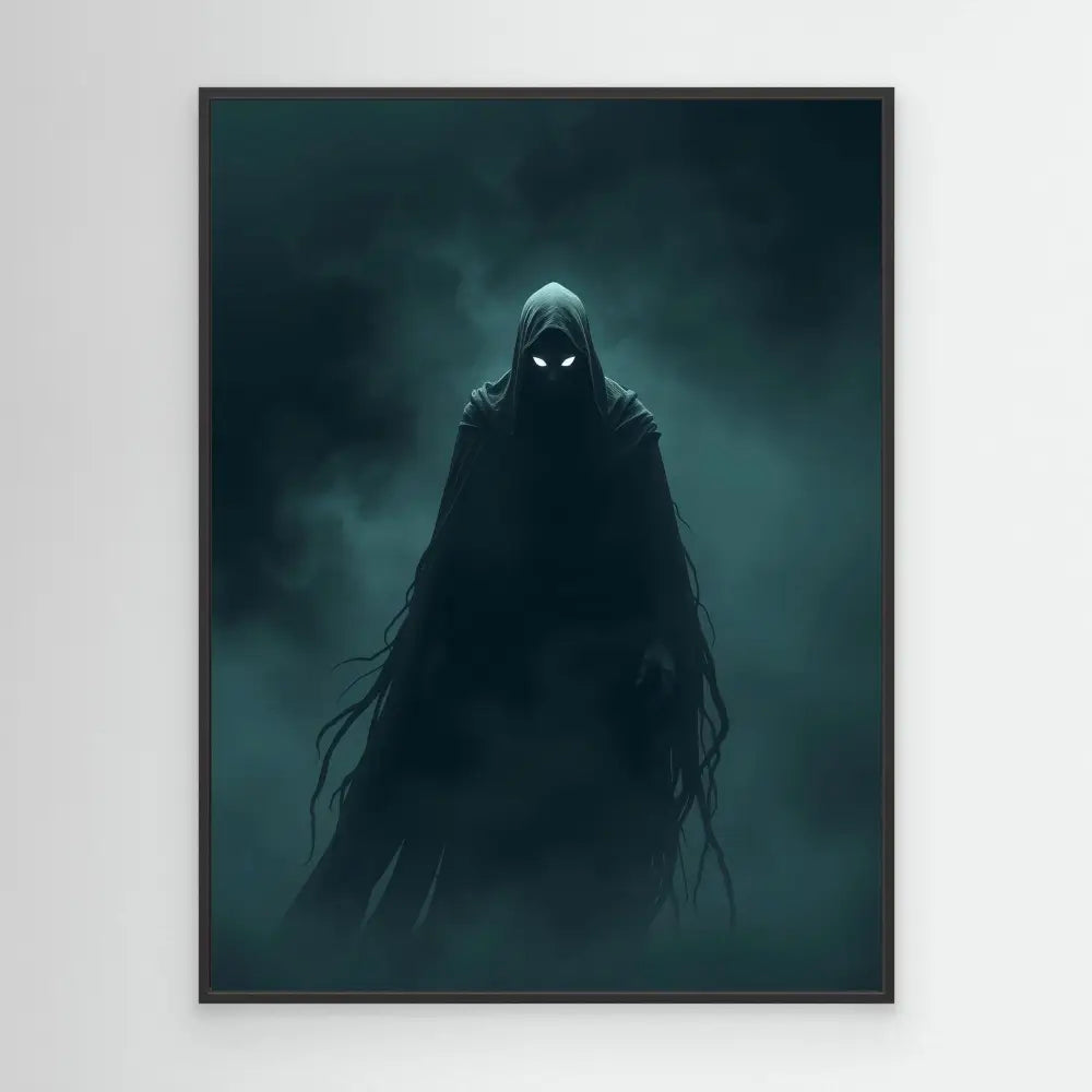 A dark hooded figure with glowing eyes shrouded in tattered robes.