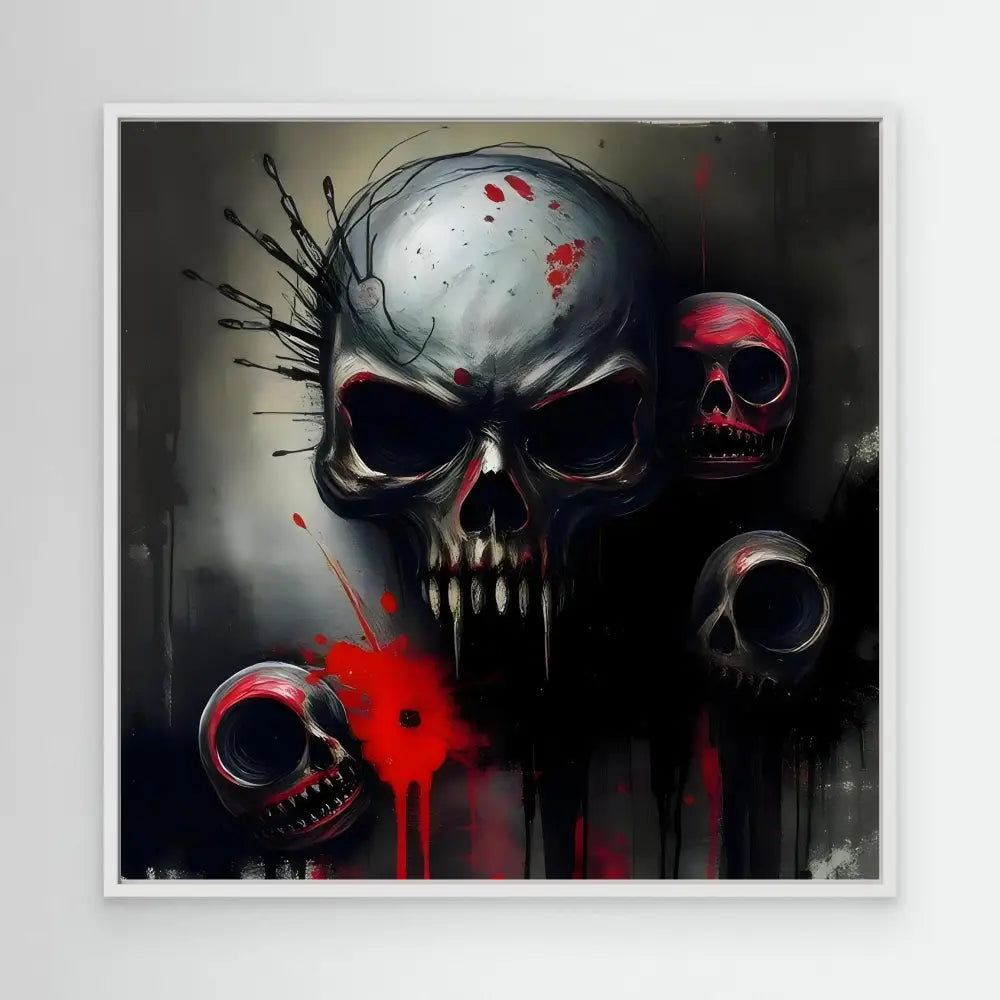 Dark metallic skull with blood splatters and smaller skulls around it.