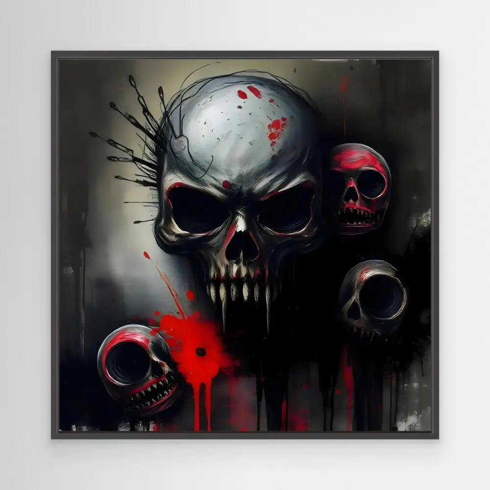 Dark metallic skull with red blood splatter and smaller skull shadows behind it.