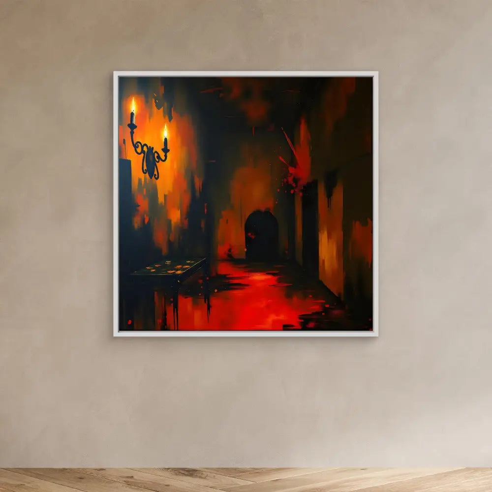 A dark, moody painting featuring a lamp-lit alleyway with red reflections in water.