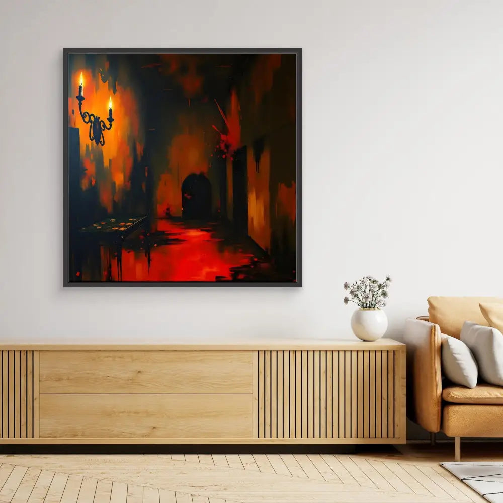 Dark, moody painting featuring a torch-lit medieval corridor with deep red and orange hues.