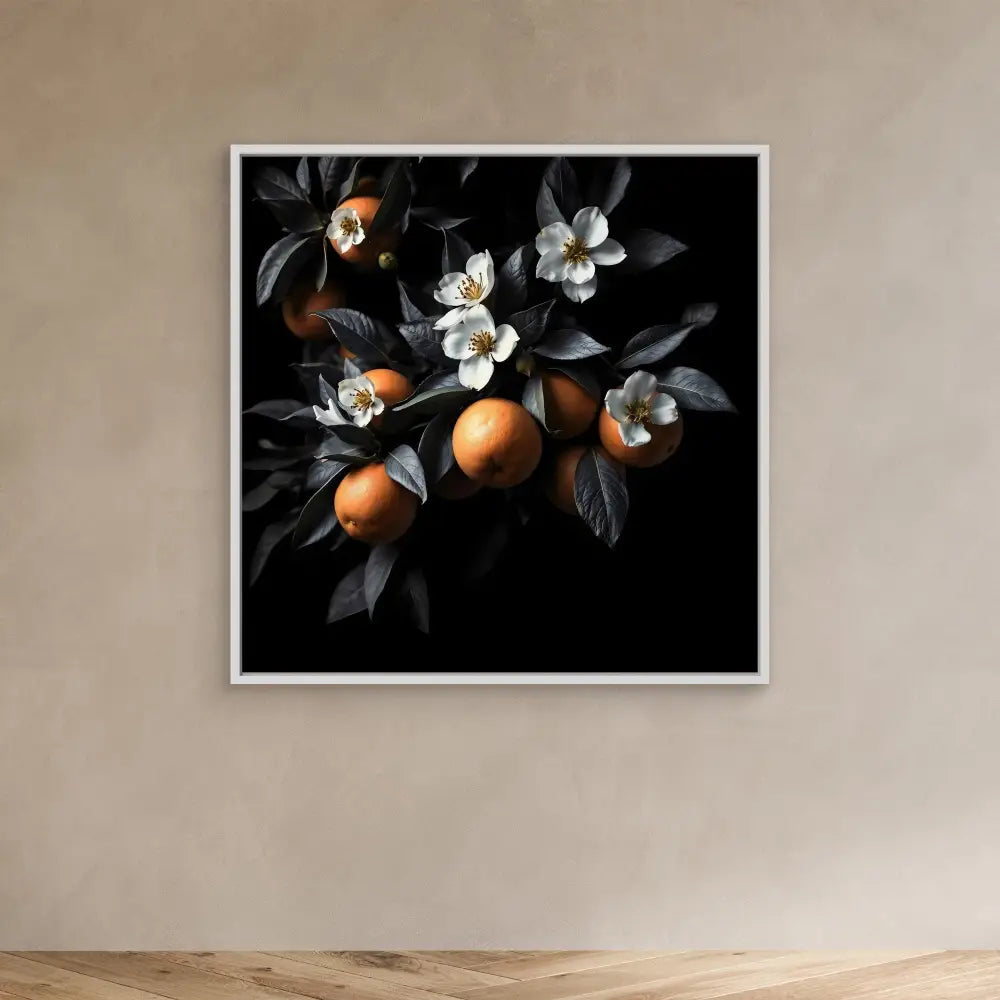 Dark moody photograph of oranges and white blossoms on branches with leaves.