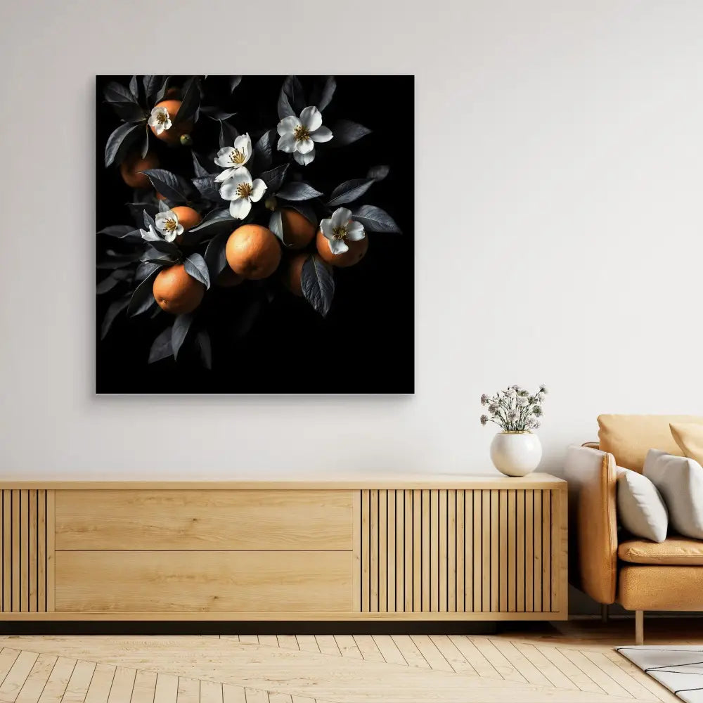 Dark moody photograph of oranges and white blossoms on branches.