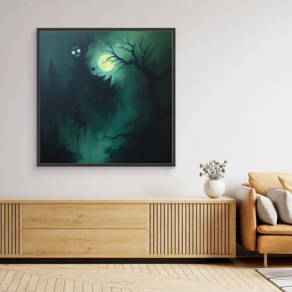 Dark, mystical forest painting with a glowing moon behind bare tree branches.