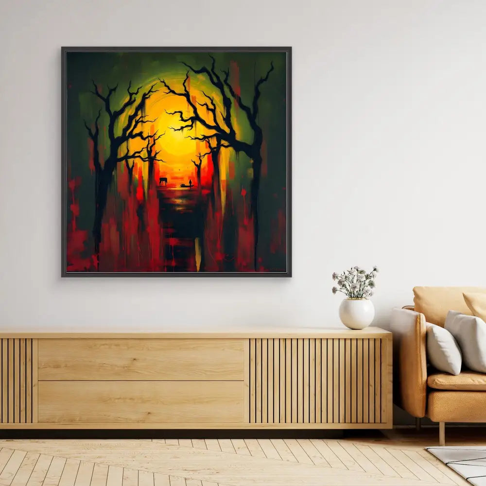 Dark silhouetted trees against a glowing yellow and red sunset painting in a frame.