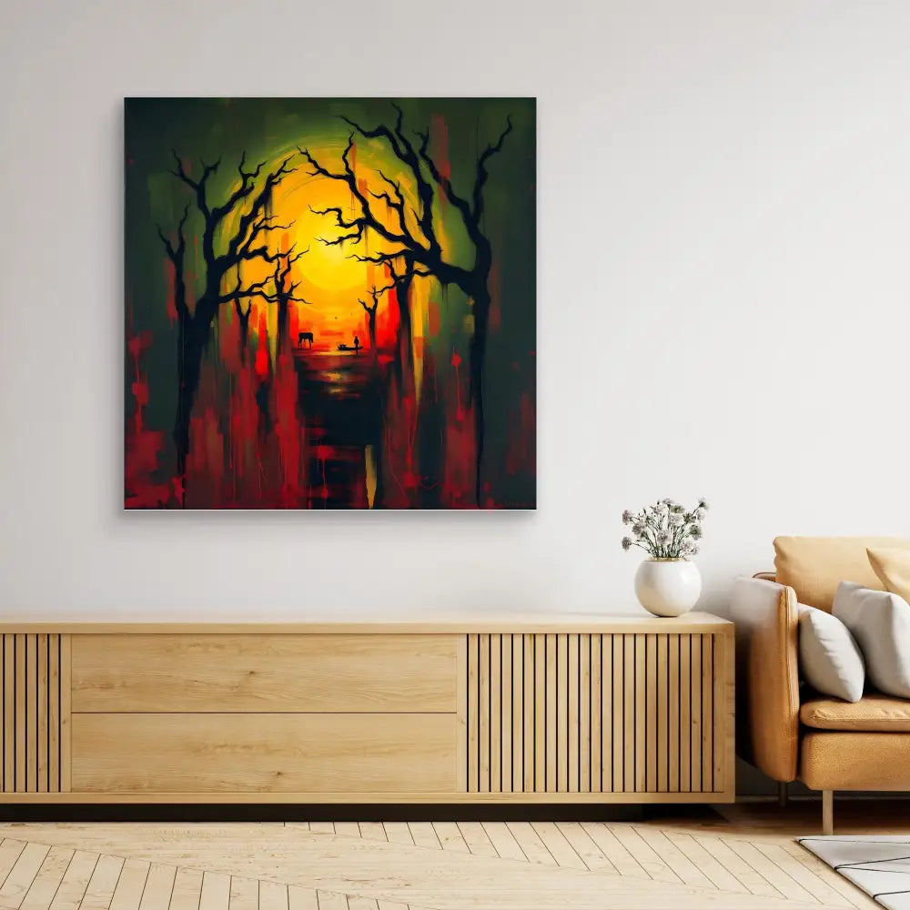 Dark silhouetted trees against a glowing yellow and red sunset painting mounted on a wall.