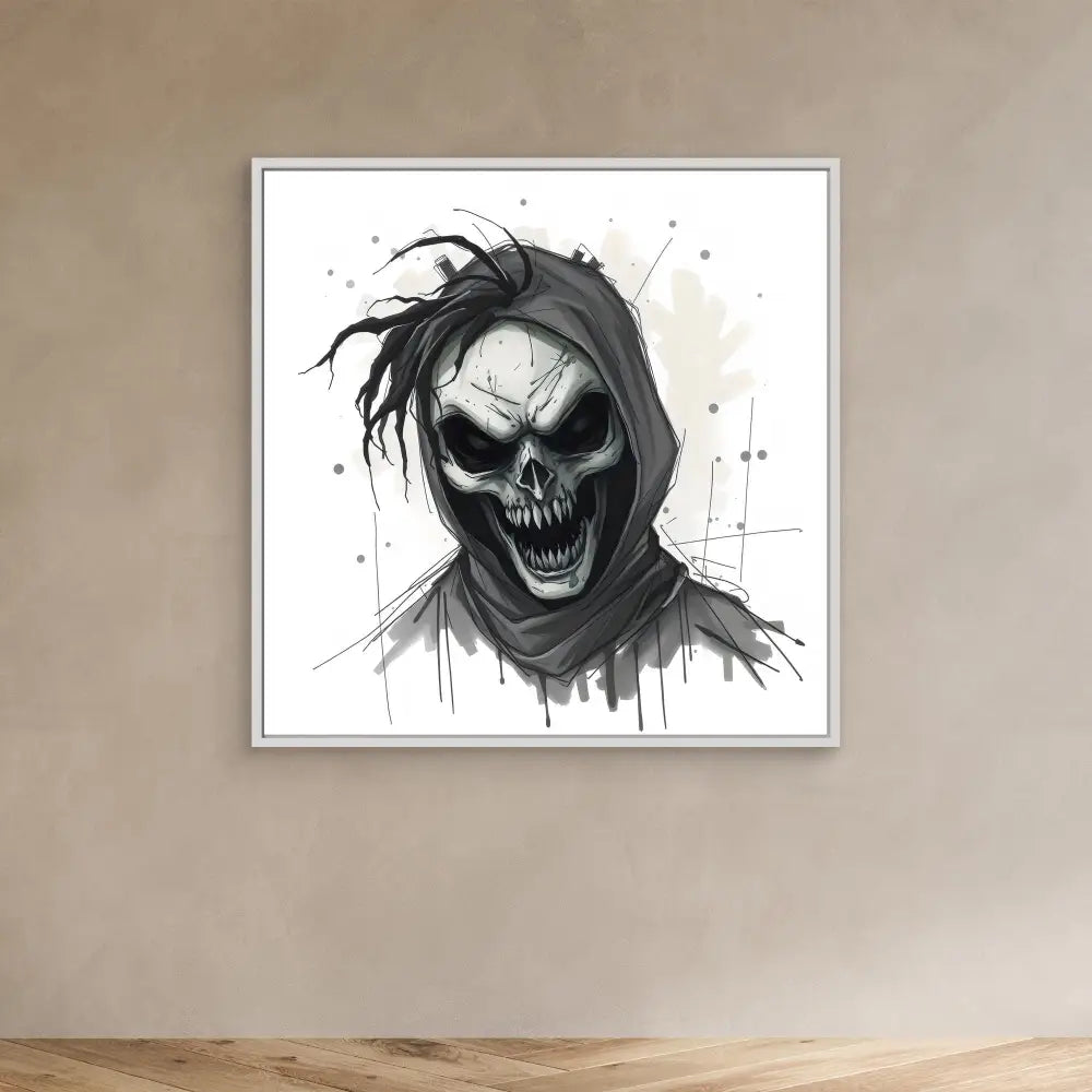 Dark, sketchy artwork of a grinning skull with messy black hair wearing a hooded garment.