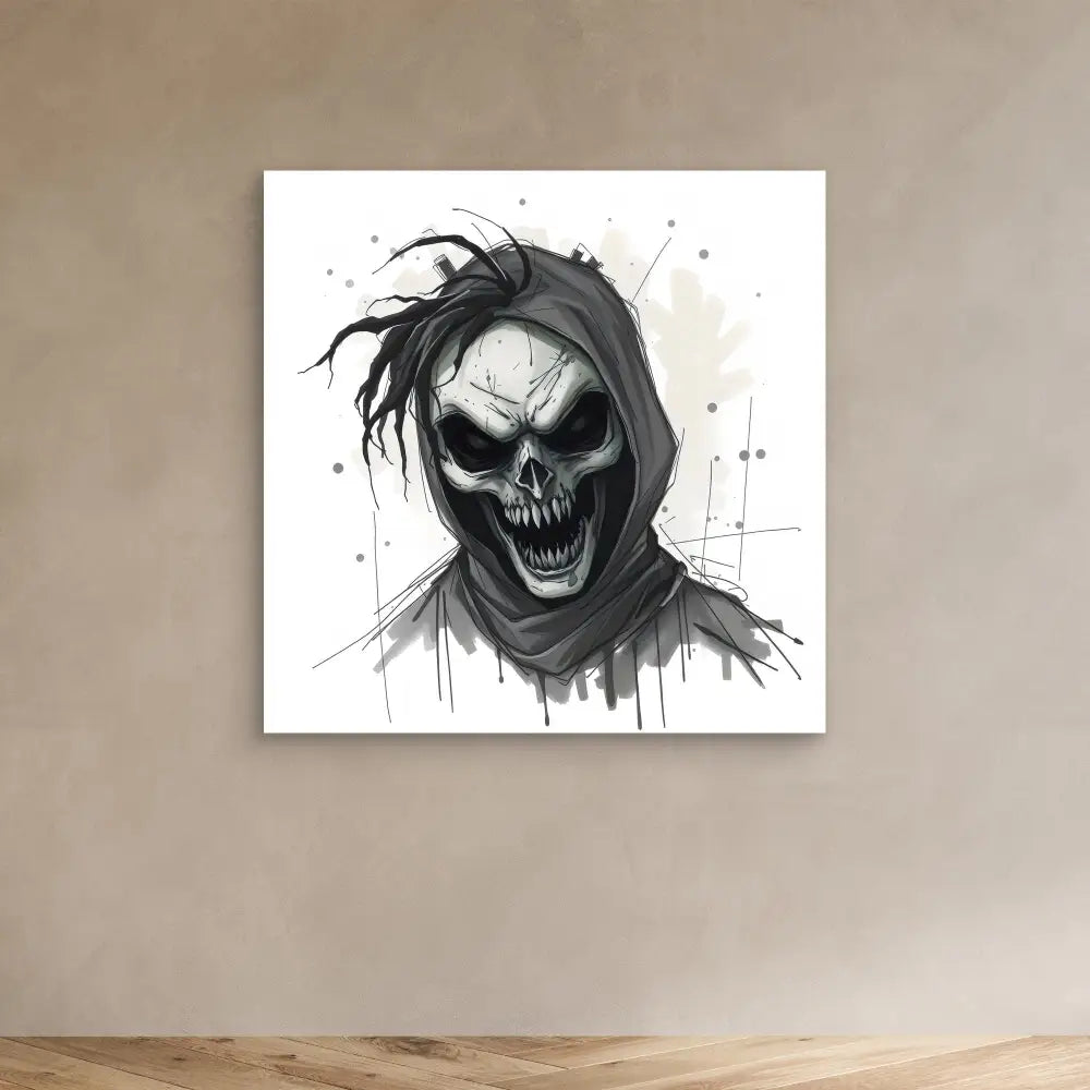 Dark, sketchy artwork of a grinning skull with messy black hair wearing a hooded garment.