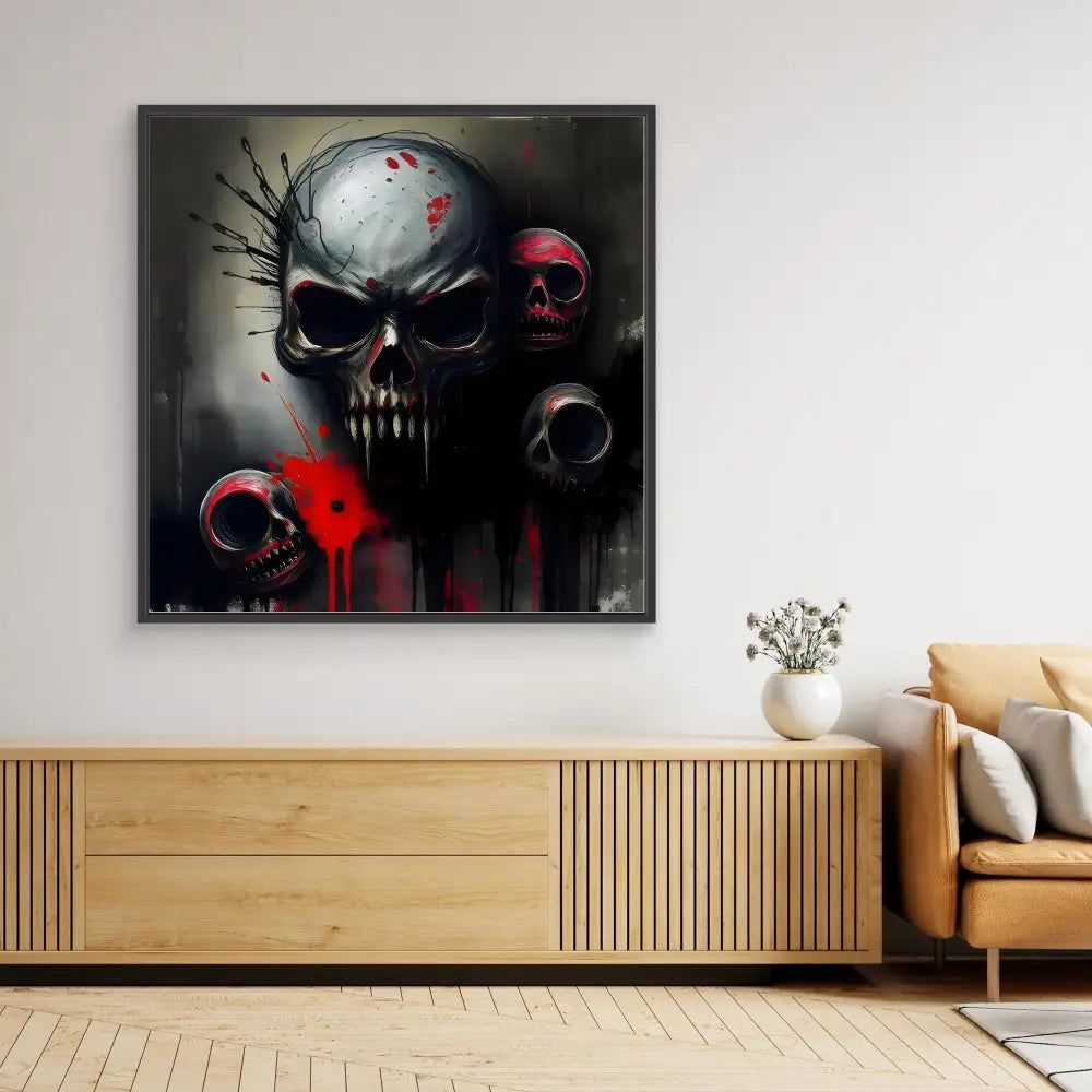 Dark skull artwork with red accents and dripping effects.