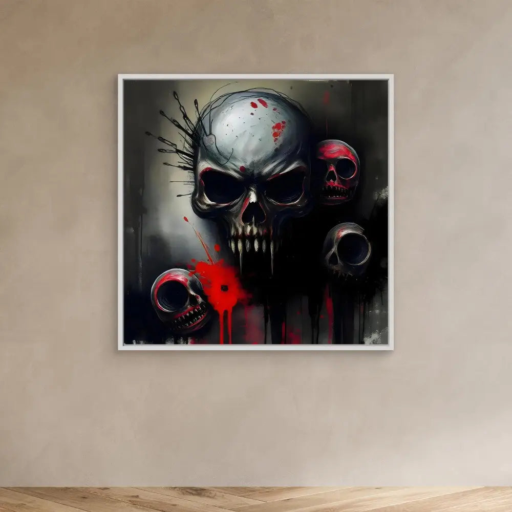 Dark skull artwork with red accents and smaller skulls around it.