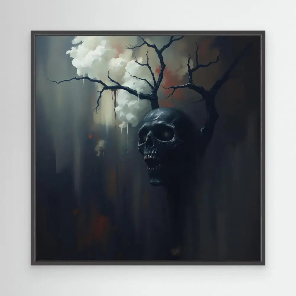 Dark skull with bare tree branches emerging from above it.