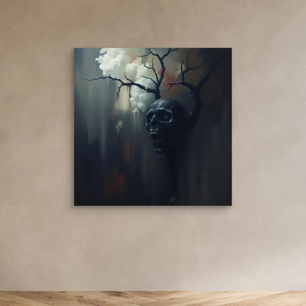 Dark skull with bare tree branches emerging from it.