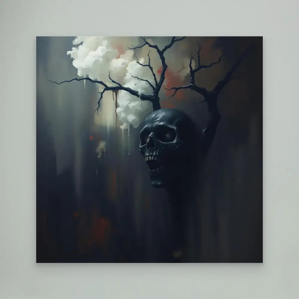 Dark skull with bare tree branches emerging from its crown.