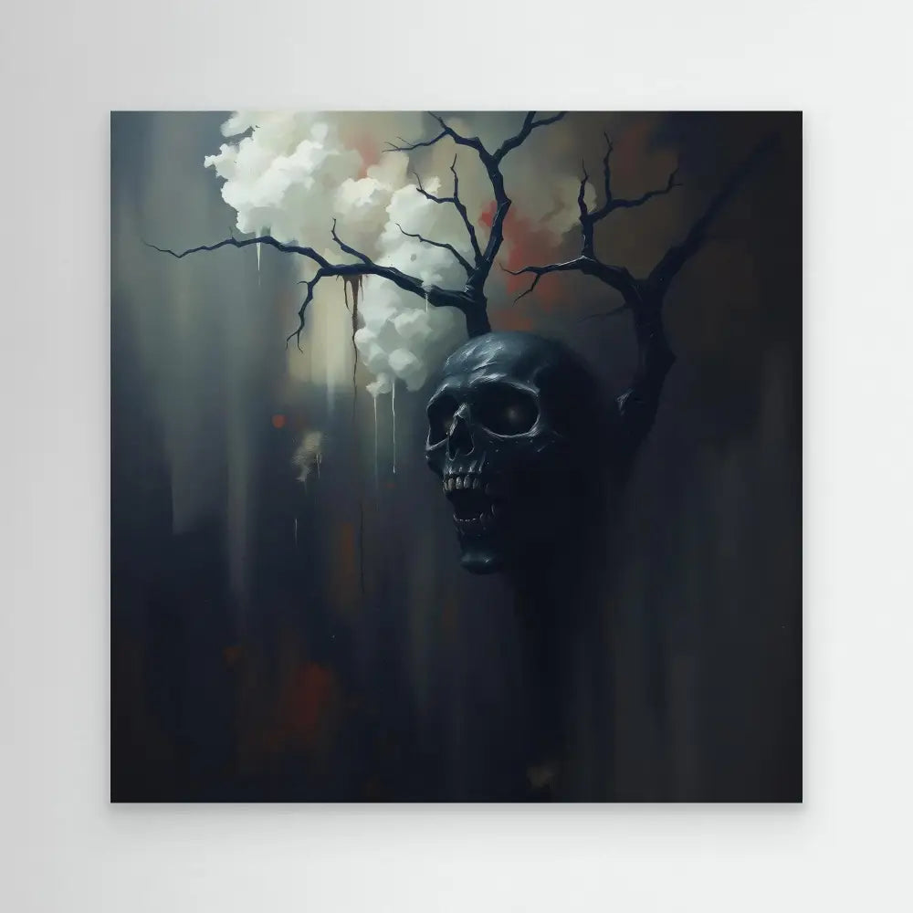 Dark skull emerging from shadows beneath twisted bare branches.