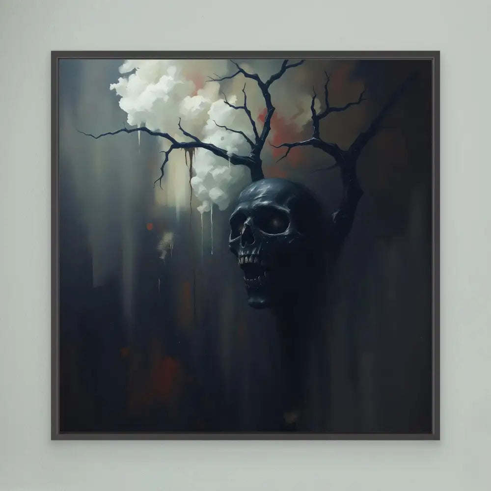 Dark skull emerging from twisted bare branches and misty clouds.