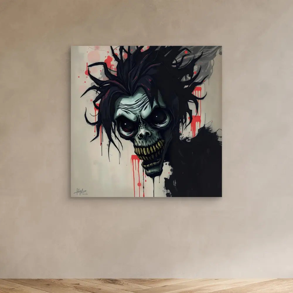 Dark, menacing skull with wild black hair and red dripping details in an artistic painting style.