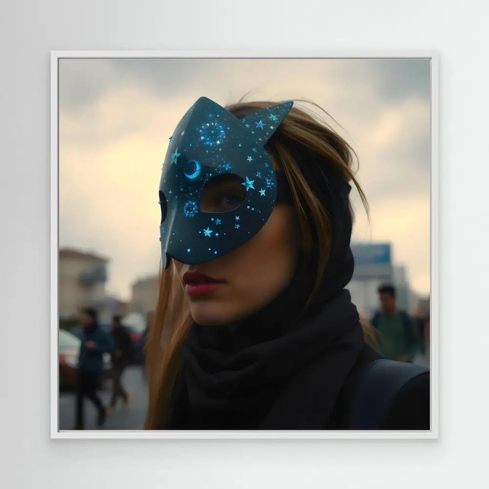 A dark sleep mask decorated with glowing stars and moons.