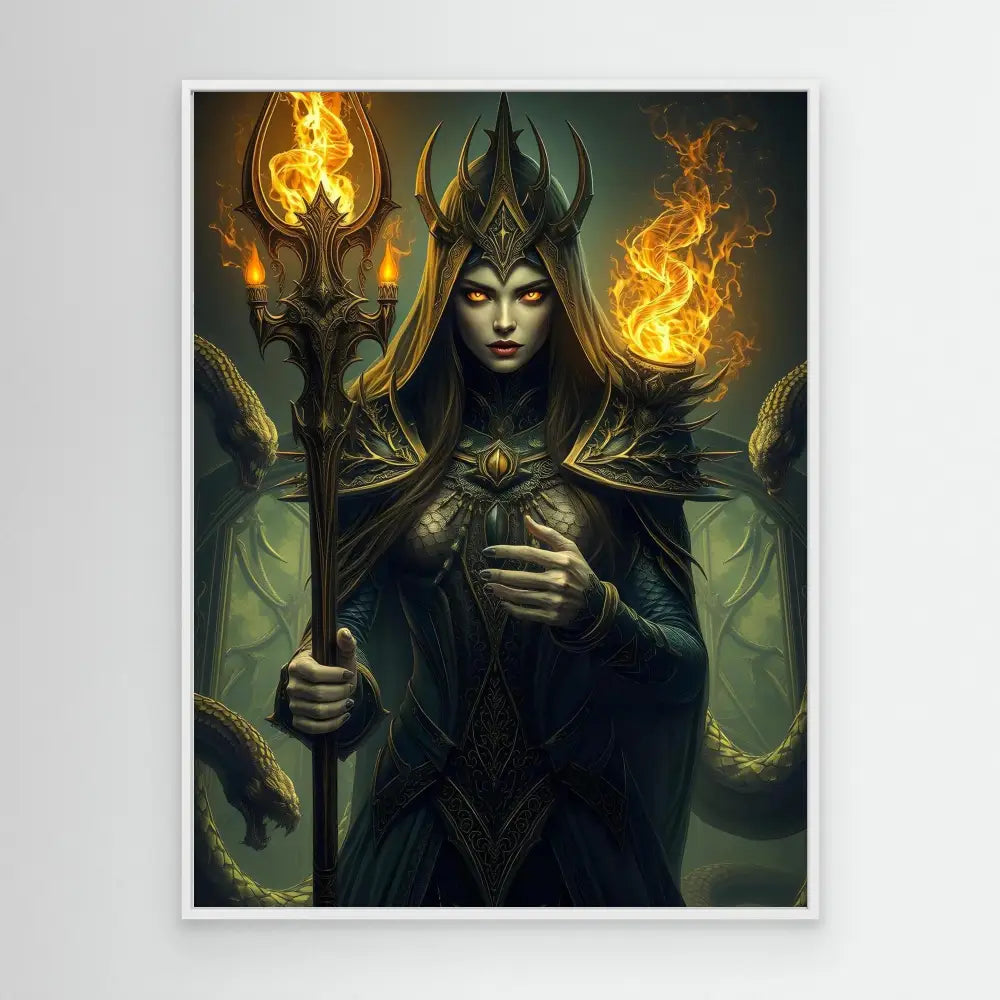 Dark sorceress in ornate armor holding a magical staff with flames.