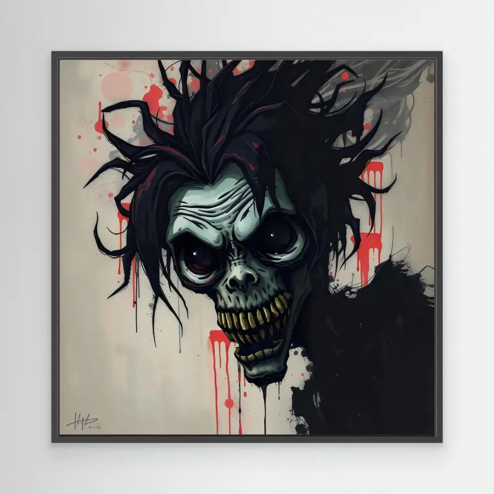 Dark, spiky-haired skull with dripping red paint and an exaggerated grimacing expression.