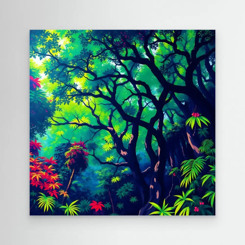 Dark tree silhouettes surrounded by vibrant tropical foliage in blues and greens.