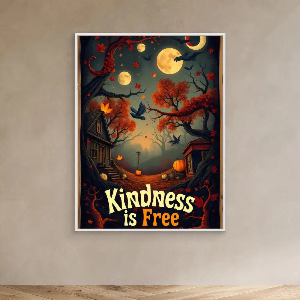 A decorative autumn-themed poster with the text ’Kindness is Free’ featuring red trees, flying birds, and glowing moons against a dark sky.