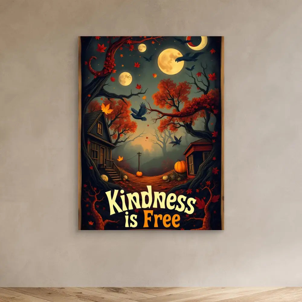 A decorative autumn-themed poster with the text ’Kindness is Free’ featuring a spooky nighttime scene with orange trees, moons, and flying birds.