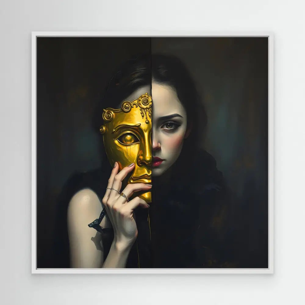 A decorative golden mask covers half of a shadowed face.