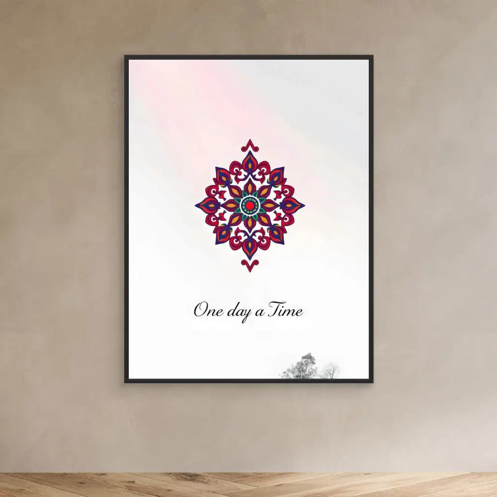 A decorative mandala design in pink and blue with the text ’One day a Time’ beneath it.