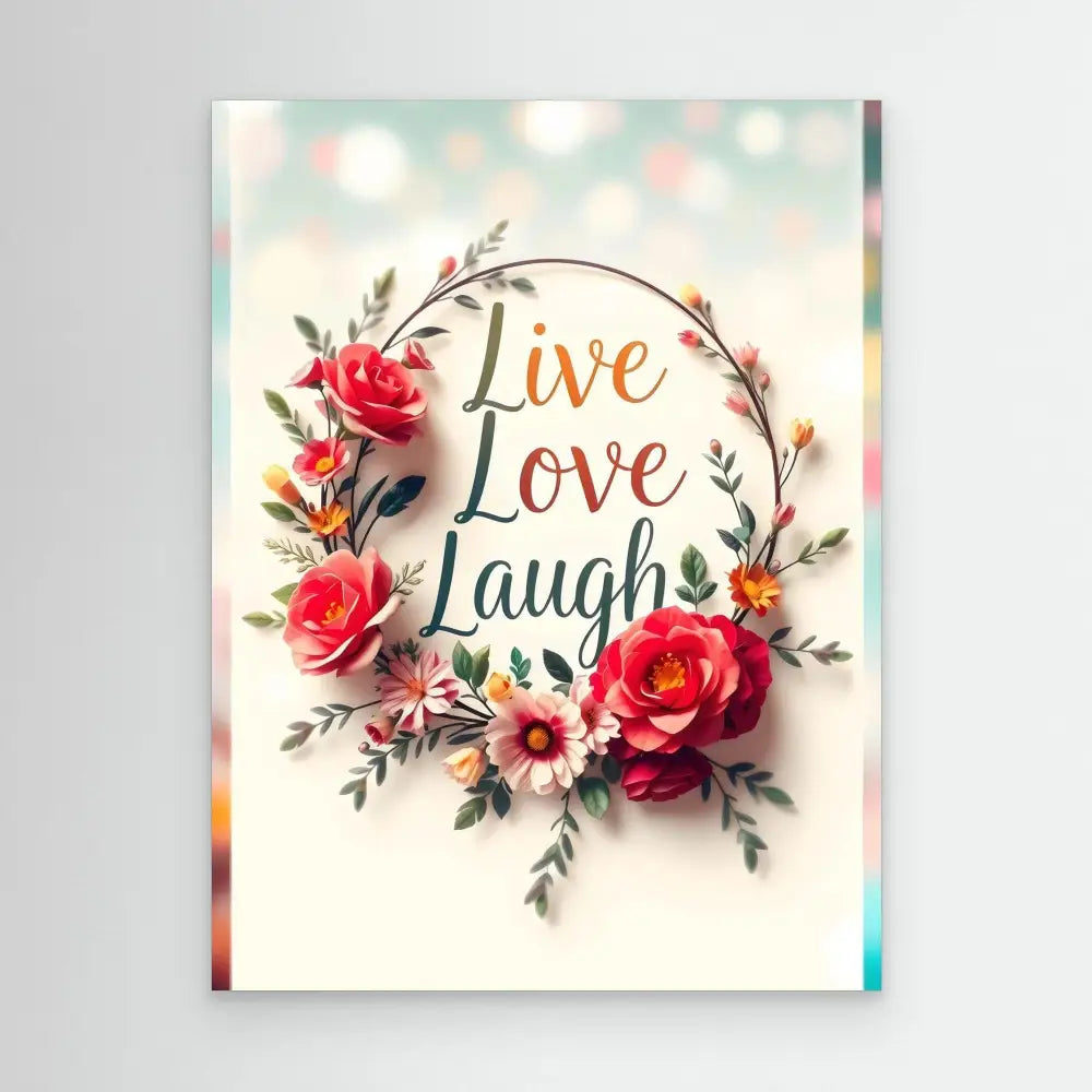 Decorative text ’Live Love Laugh’ surrounded by a wreath of pink roses and greenery.