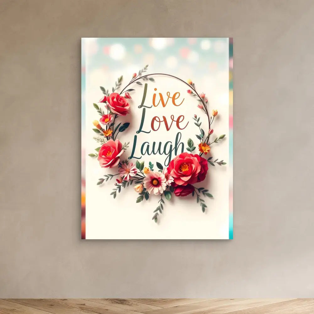 Decorative wall art featuring ’Live Love Laugh’ text surrounded by pink roses and floral elements in a wreath design.