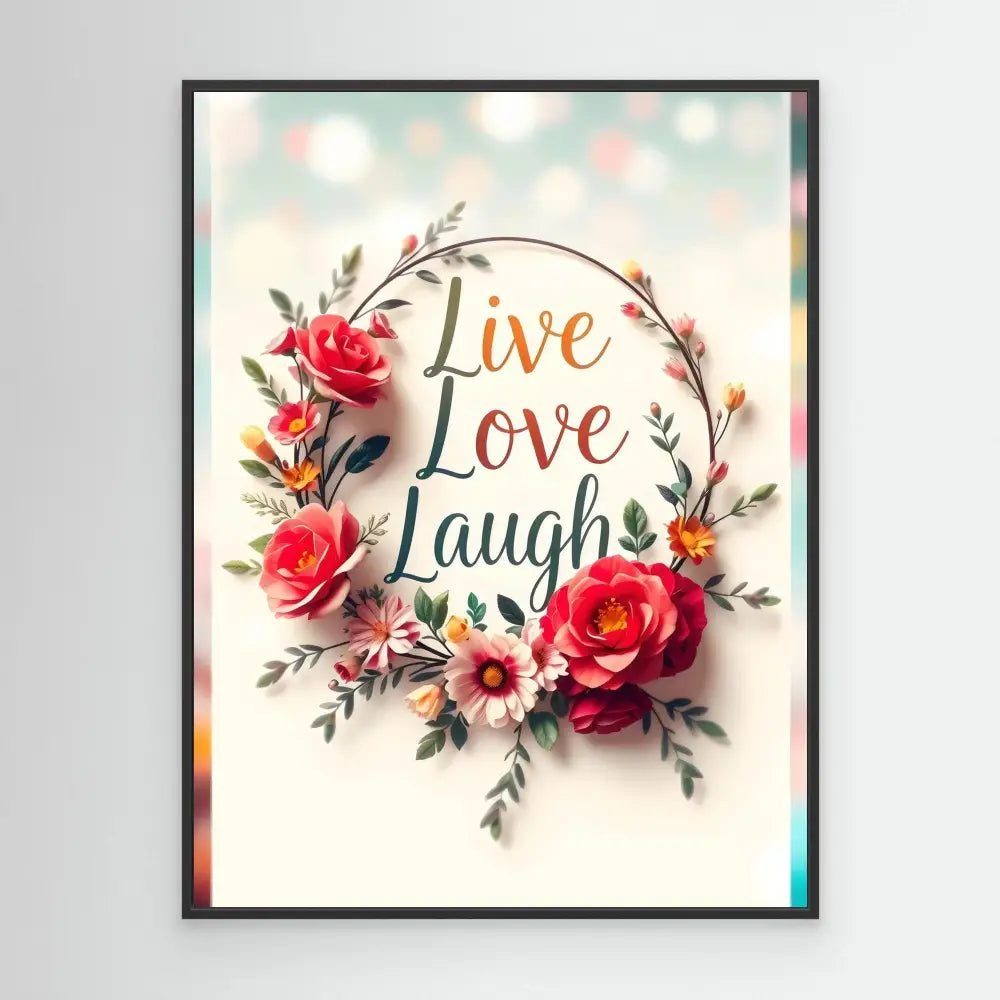 Decorative wall art featuring ’Live Love Laugh’ text surrounded by pink roses and floral elements in a wreath design.